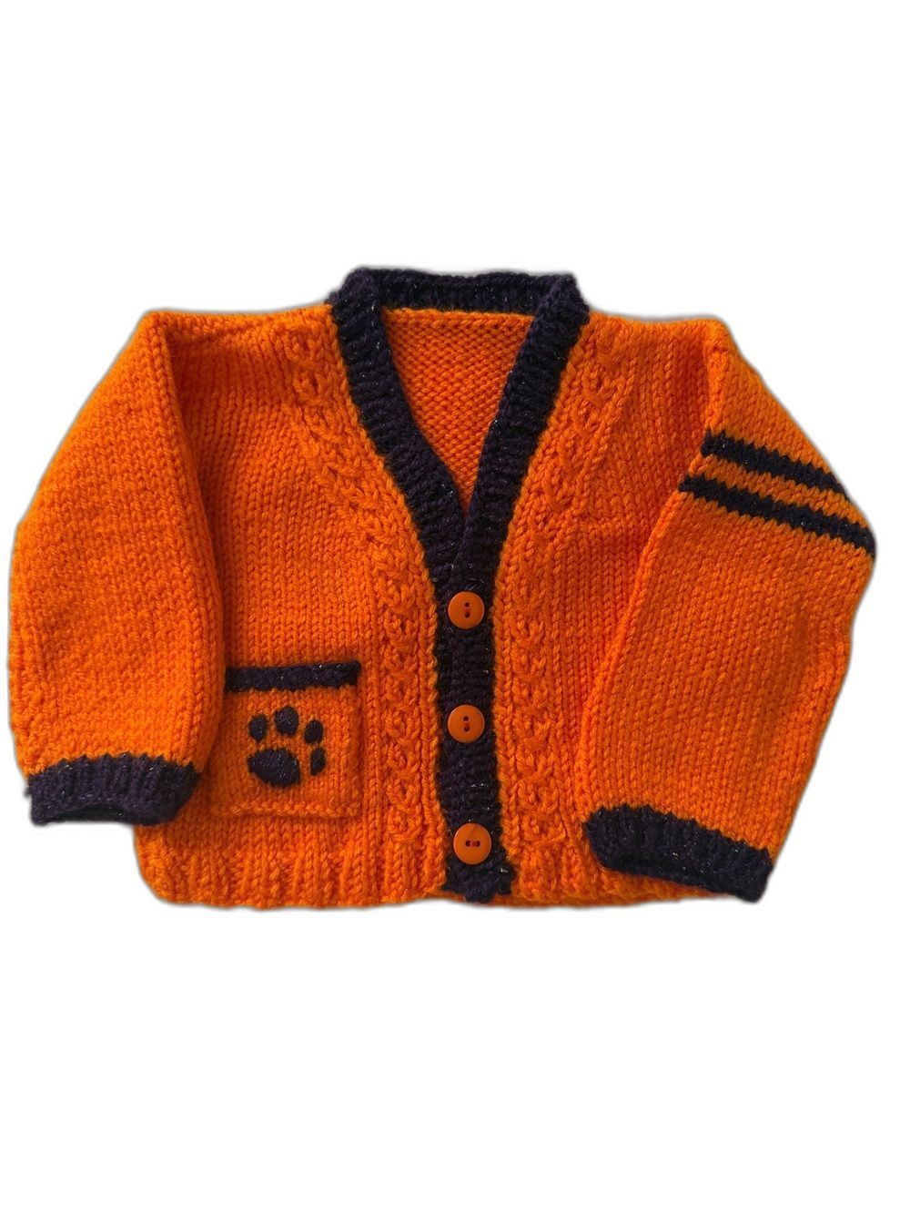 Hand Knit Clemson Tigers Baby Cardigan Orange Purple Paw Handmade 3-6M